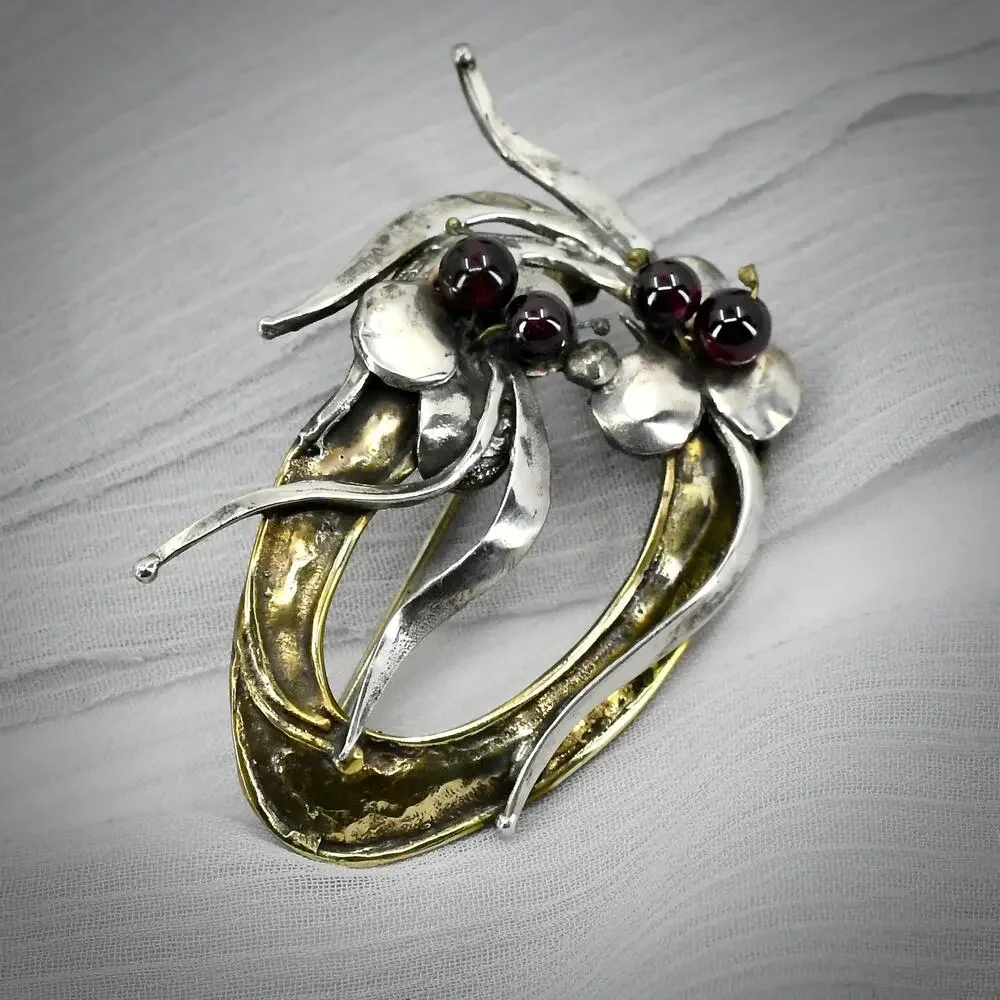 Vintage Brutalist Mixed Metal Brooch Silver Bronze Garnet Modernist Artisan